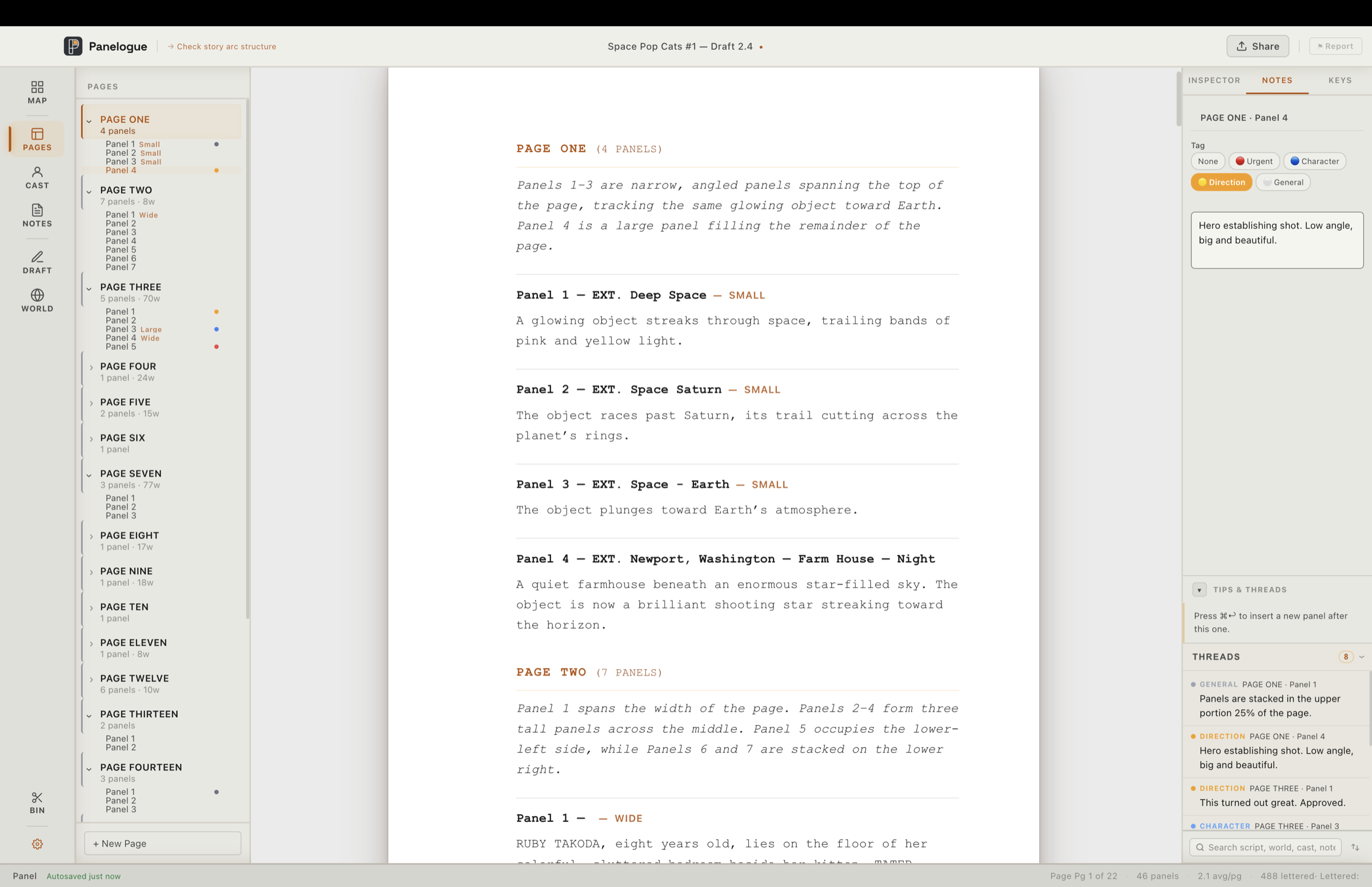Panelogue script editor, page and panel structure with live notes